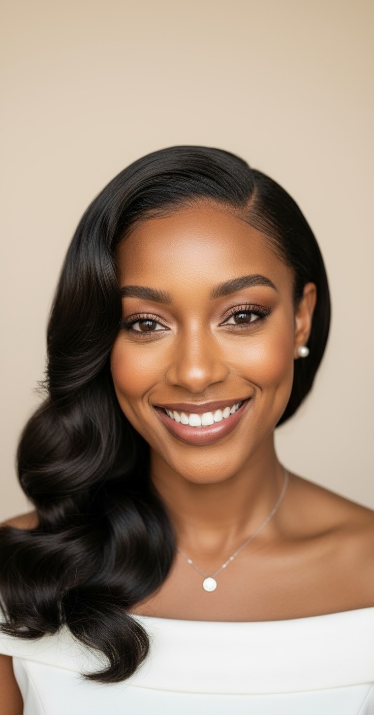 After Side Swept Hollywood Waves Wedding Hair